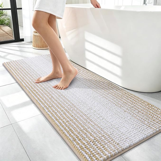 OLANLY Bathroom Runner Rugs 47x17, Soft Chenille Striped Bath Rugs, Beige | Extra Absorbent, Rubber Backing, Machine Wash Dry, Bath Mats for Bathroom Floor, Tub and Shower, Home Decor Accessories