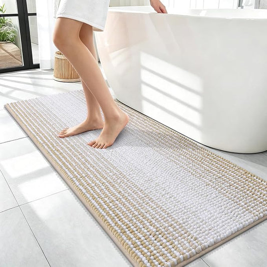 OLANLY Bathroom Runner Rugs 47x17, Soft Chenille Striped Bath Rugs, Beige | Extra Absorbent, Rubber Backing, Machine Wash Dry, Bath Mats for Bathroom Floor, Tub and Shower, Home Decor Accessories