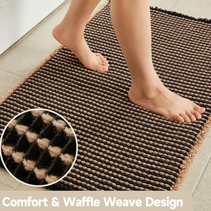 TYUU Waffle Runner Rug Bathroom, Long Boho Bathroom Rugs Non Slip Washable Super Absorbent Quick Dry Farmhouse Bath Decor, 72"x24" Khaki and Black