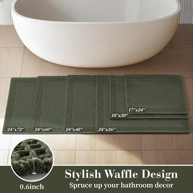 RESARE Waffle Bathroom Runner Rugs, Non Slip Boho Bath Mat 24"x48" Green | Long Absorbent Bathroom Floor Mats Machine Washable Quick Dry, Soft Solid 2'x4' Bath Rugs with Tassels, Ideal Farmhouse Decor