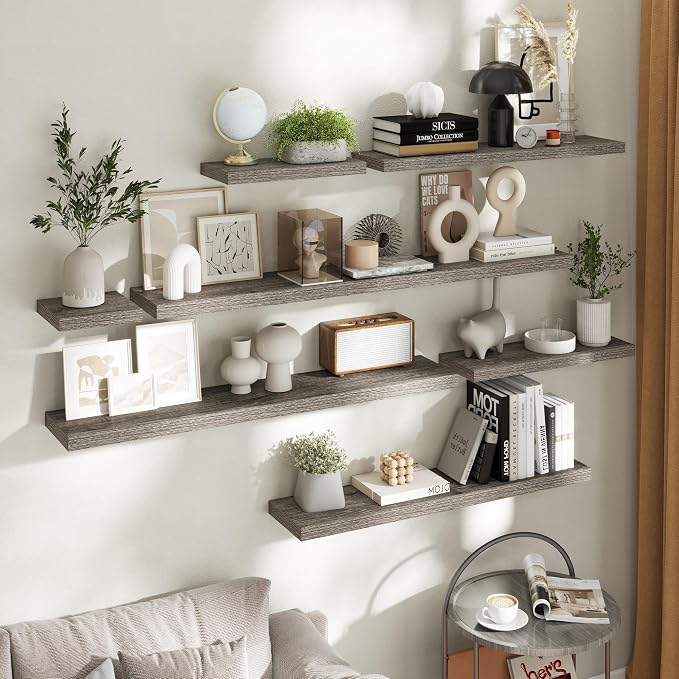 48 Inch Floating Shelves for Wall 2 Pack, 8"D Wood Grain Bathroom Shelves | Invisible Brackets, Grey Oak Finish, Easy Install | Engineered Wood Storage Shelves for Kitchen, Study, Bedroom