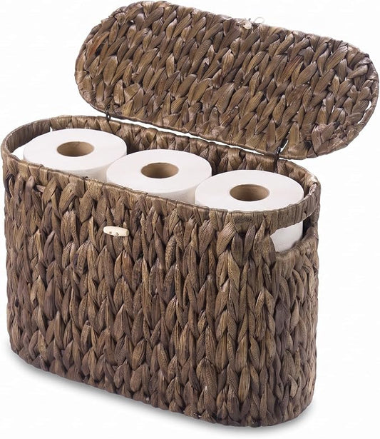 PINXIURY Water Hyacinth Toilet Paper Storage Basket, Bathroom Toilet Organizer with Lid, Woven Toilet Paper Holder for 6 Mega Rolls Bathroom Storage, Magazine Holder for Office, Bedroom Coffee