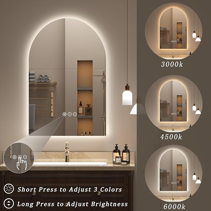 24x32 Inch Arched Backlit LED Bathroom Mirror | Dimmable Lighted Bathroom Vanity Mirror, Anti-Fog, 3 Colors, Memory, Shatter-Proof, ETL Listed
