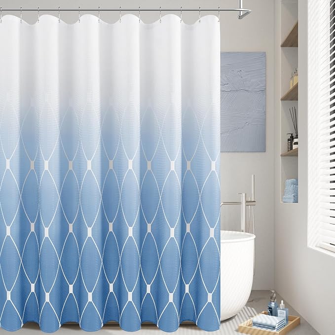 Blue Grey Shower Curtain Modern Geometric Shower Curtains Set for Bathroom Luxury Hotel Style Blue and White Ombre Bath Curtain, No Need Liner with Hooks Set Smoke Blue 72x72 inch
