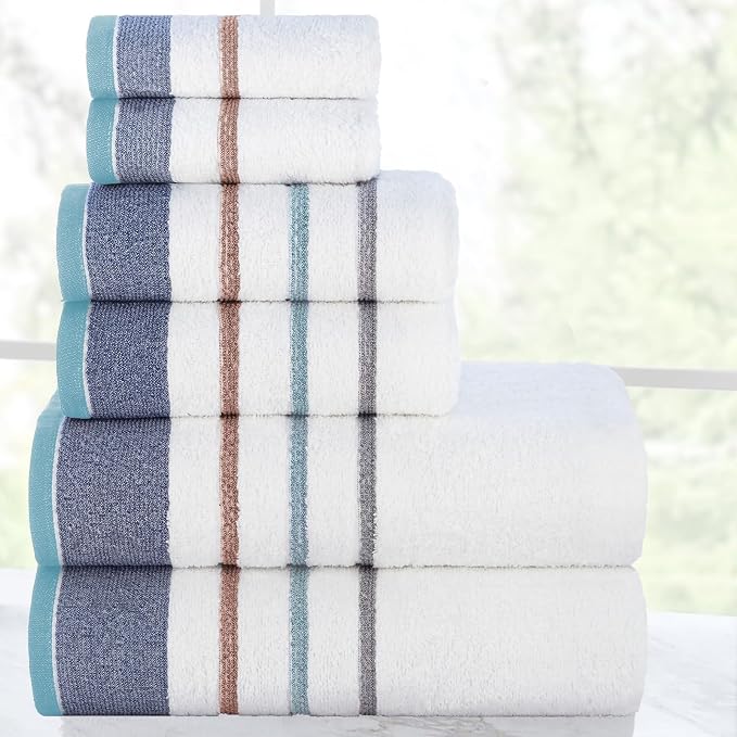 CASA COPENHAGEN 6pcs Bathroom Towel Gift Set, 600GSM,White - Denim | White Bay 100% Egyptian cotton ,2Bath 2Hand 2Washcloths, Towels for Bathroom. (Gift Set for Women & Men)