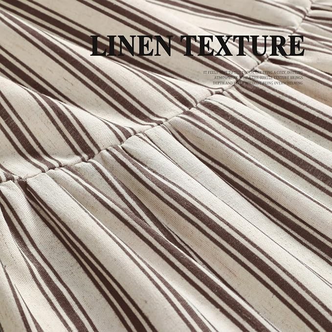 Farmhouse Shower Curtain Ruffle Linen Cream-Brown Stripe 72"W x 84"L | Farmhouse Boho, Striped, Bottom Ruffle, Linen Fabric, Rustic, Country, Natural Look, Washable, for Bathroom Bathtub