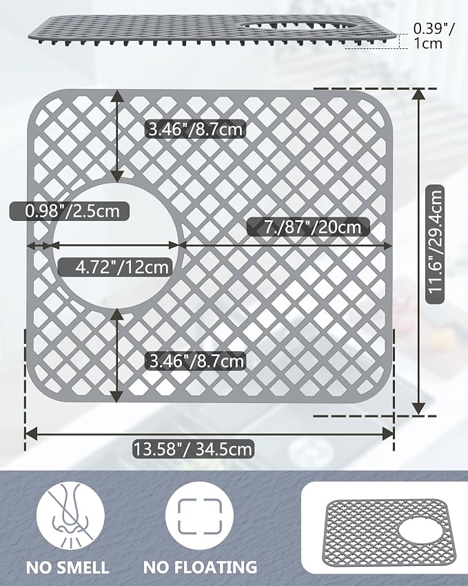 2 Pack Silicone Sink Protectors for Kitchen Sink, Trellis 13x11 Gray | Heat-resistant Non-Slip and Durable Silicone Grid Mat, 13-9/16" x 11-5/8" Rear Drain