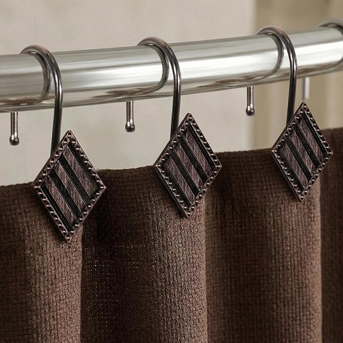 Vintage Bronze Shower Curtain Hooks: 12PCS Geometric Bathroom Curtain Ring | Elegant Rust Proof Metal Diamond Shower Hooks, Stylish Decorative Curtain Rod Hangers for Modern Bathroom Decor