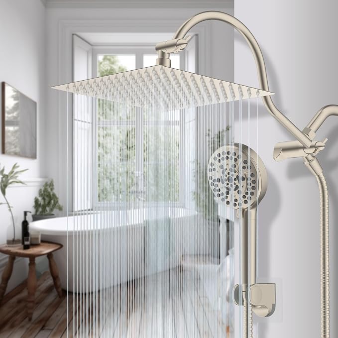 Hibbent 12'' All Metal CUPC Certified Shower Head, High Pressure Rainfall Shower Head, Handheld Showerhead Combo, 12'' Adjustable Extension Arm, 10-Spray, 71'' Hose, Showerhead Holder, Brushed Nickel