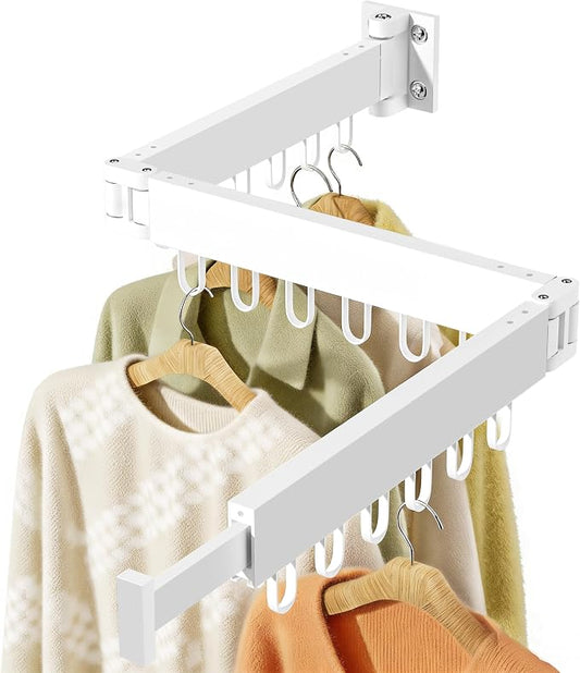 Clothes Drying Rack Wall Mounted, Space-Saving Drying Rack Clothing, Collapsible Foldable Retractable Laundry Rack with 18 Hooks, Indoor/Outdoor, White
