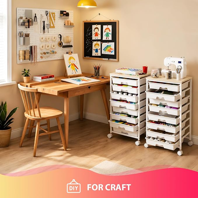 Goovilla Rolling Cart with 8 Drawers for Art, Dorm, Office, Craft, White | Utility Cart Organizer With 8 Removable Drawers and Wooden Tabletop, Lockable Rolling Storage Organizer for Classroom, Home