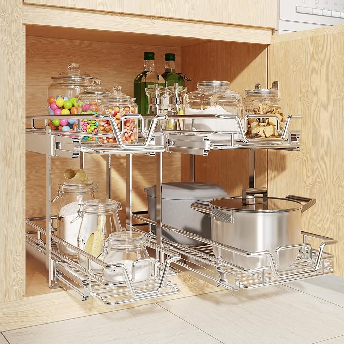 2-Tier Kitchen Cabinet Pull Out Shelf and Drawer Organizer Slide Out Pantry Storaqe Basket in Multiple Sizes (15" W x 21" D)