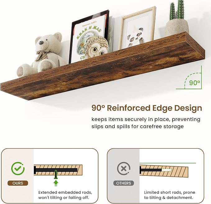 9.25in Depth 48in Floating Shelves, 48x9.25x1.4, Rustic Brown, Set of 2 | Long Wall Mounted Engineered Wood Shelves with Invisible Brackets for Living Room, Bedroom, Bathroom, Kitchen