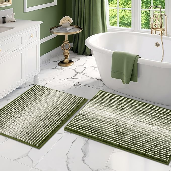 Bathroom Rugs and Mats Sets, 2 Piece Thick Absorbent Chenille Bath Mat Rug Set Non Slip, Soft Shaggy Bath Room Floor Mats for Bathroom, Machine Washable (Sage, 20" x 32" Plus 16" x 24")