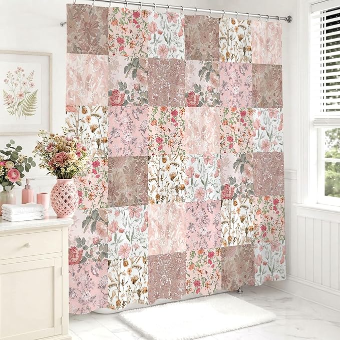 Shower Curtains for Bathroom, Boho Shower Curtain, Vintage Boho Pink Floral Bathroom Decor Bath Curtain, Mid Century Waterproof Retro Farmhouse Patchwork Floral Shower Curtain, 72 X 72 Inches