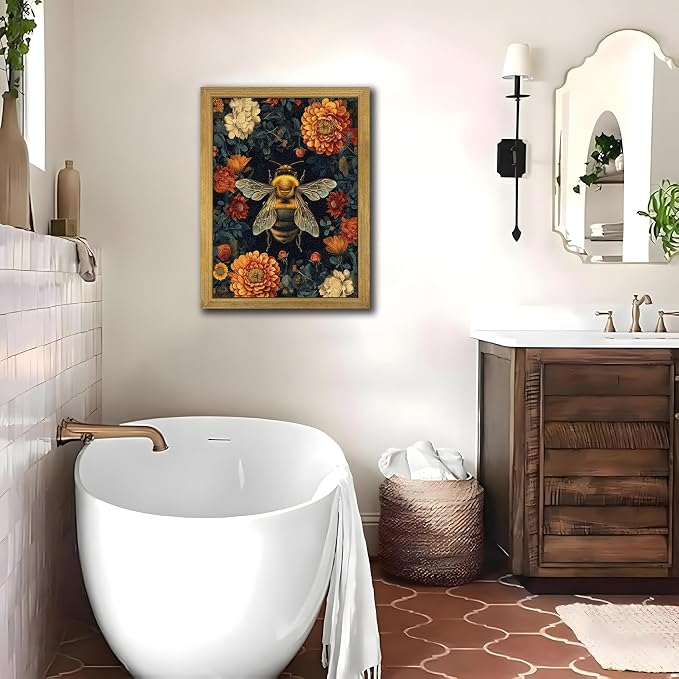 Framed Hand Drawn Sandstone Bee Wall Art, 3D Textured Nature Botanical Wall Decor Pictures, Dark College Vintage Flowers Print Painting for Living Room Bedroom Kitchen Home Decor 12x16inch