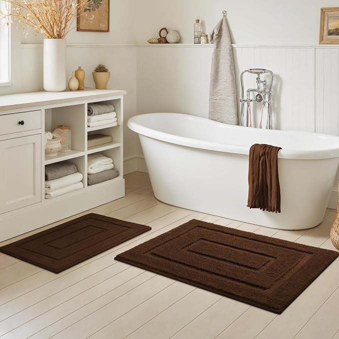 GRANNY SAYS Brown Bathroom Rugs Set 2 Piece, Non Slip Microfiber Bath Mats | Soft microfiber with TPR backing, fast water absorption, machine washable 2 piece bath rug set for Tub, Shower, Toilet