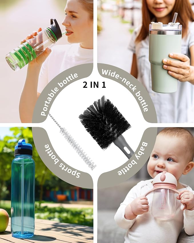 ROSEOK 2 in 1 Bottle Brush with Straw Cleaner Brush, Water Bottle Brush | For Cleaning Glass, Sports Bottle, Coffee Mug, Cup Cleaner, Black, 1 Pack