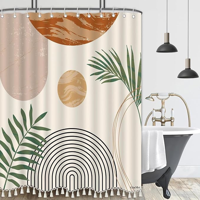 Boho Mid Century Leaf Shower Curtain Set,Arch Sun Design,Minimalistic Leaves Pattern,Waterproof and Luxurious Fabric-12 Hooks(Beige-72" x 72")