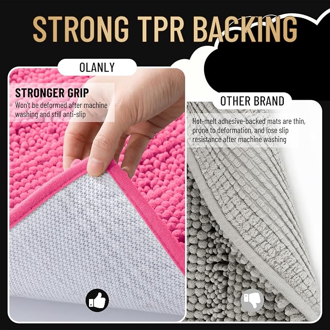 OLANLY Thick Bathroom Runner Rugs 44x24, Soft Chenille Bath Rugs, Hot Pink | Absorbent Striped, Rubber Backing, Machine Wash, Long Bath Mats for Bathroom Floor, Tub and Shower, Home Decor Accessories