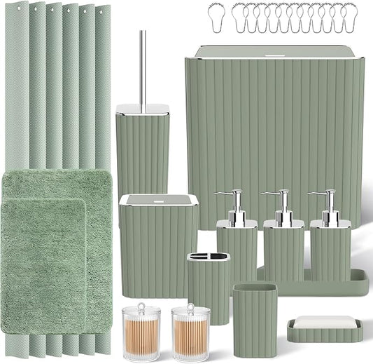 Bathroom Accessory Set - Bathroom Sets with Shower Curtain and Rugs, Sage Green Bathroom Set, 27PC Bathroom Accessories Set, Mini Trash Can, Toilet Brush, Trash Can & Soap Dispenser