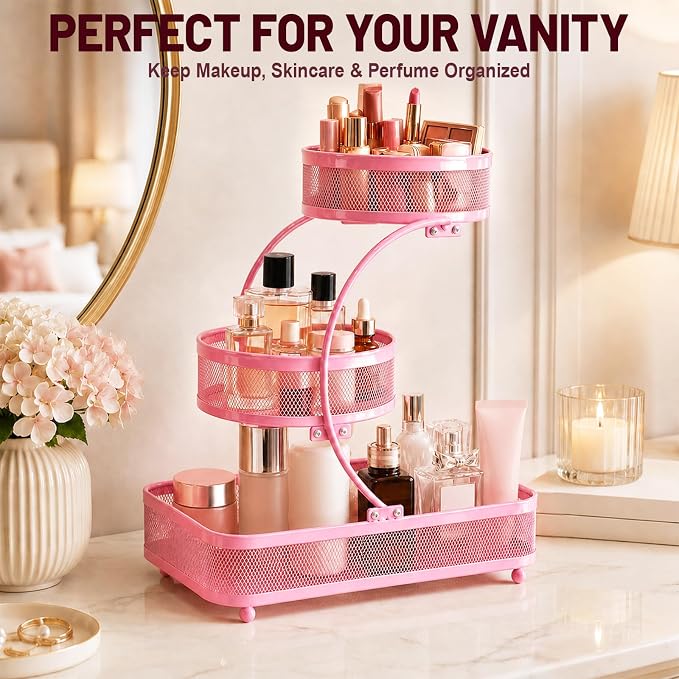 3 Tier Bathroom Counter Organizer-Metal Makeup Organizer for Vanity | Perfume & Cologne Organizer, Metal Wire Mesh Design, Heavy Duty Shelf with Large Storage Capacity, Black