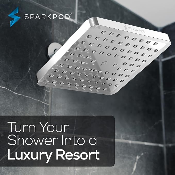 SparkPod Rain Shower Head, 8 Inch Square, Luxury Polished Chrome Finish | High Pressure Shower Heads, 90 Nozzles, Adjustable Showerhead, No Tools Needed, Universal Connection
