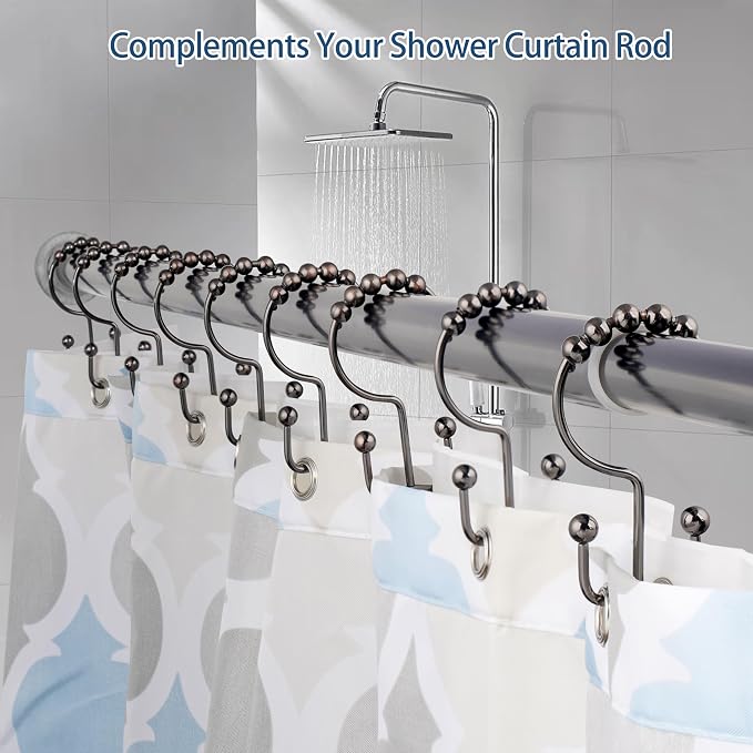 DAWNER Shower Curtain Hooks Rings, Rust Proof Hooks, Metal Easy Glide Double Shower Rings Hooks, Stainless Steel Shower Curtain Hangers for Bathroom Shower Curtains, Set of 12 Hooks, Brushed Bronze