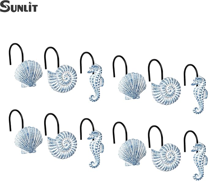 Sunlit Seashells Decorative Shower Curtain Hooks, Sky Blue Ocean Creatures Coastal Shower Curtain Rings with Black Hooks, Resin, Nautical Bathroom Decoration Beach Shower Curtain Hooks, Set of 12