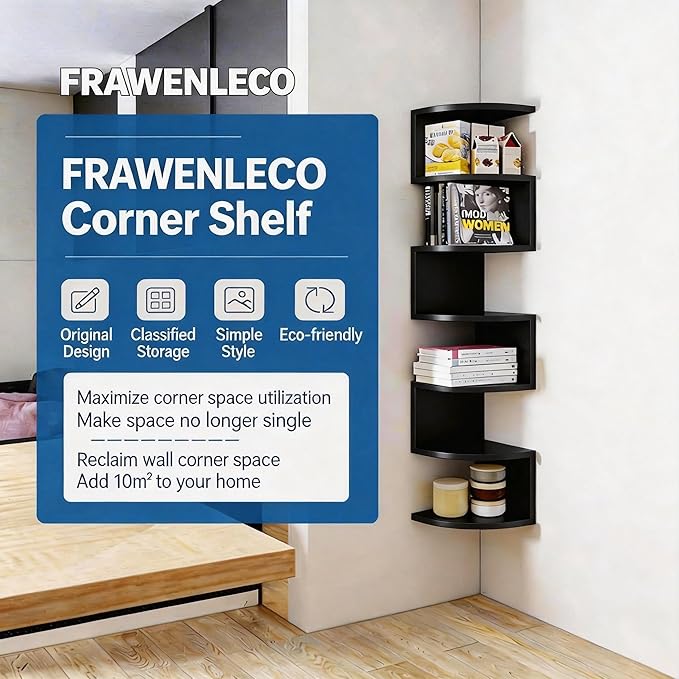 Corner Shelf Wall Mount, 7-Tier Floating Corner Bookshelf with Screw Mounting, Space-Saving Zigzag Plant Shelf for Bedroom, Living Room, Bathroom, Home Office, Black