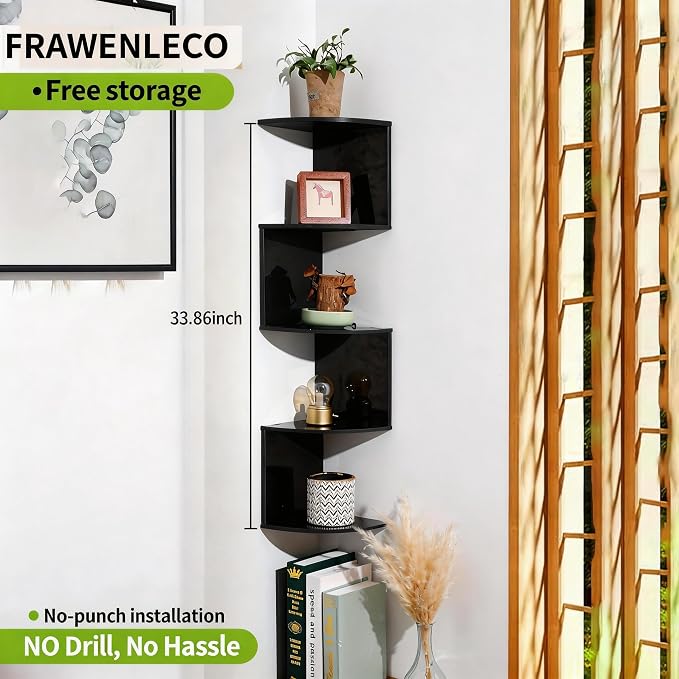 No-Drill Corner Shelf Wall Mount, 5-Tier Thickened Floating Bookshelf with Hooks, Space-Saving Zigzag Plant Shelf for Bedroom, Living Room, Bathroom, Home Office (Black)