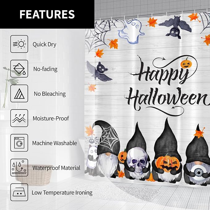 Halloween Cute Funny Gnomes Spooky Pumpkin Shower Curtain for Bathroom 72W*72H Inch Farmhouse Rustic Horror Bathtub Skull Ghost Maples Bat Decor Waterproof Polyester Fabric Set with 12 Hooks