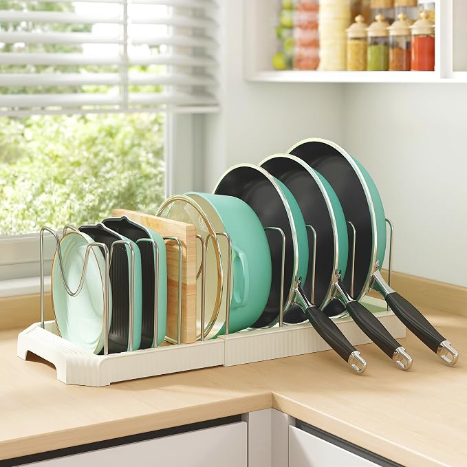 Expandable Pan Organizers Inside Cabinet with 10 Dividers White | Extends 12.9-21.9", Holds cookie sheets, cutting boards, pot lids and pans, iron dividers, plastic base, under cabinet rack