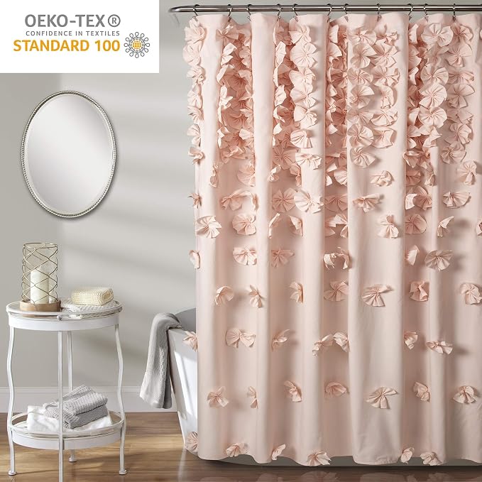 Lush Decor Riley Shower Curtain, 72" W x 72" L, Blush - Bathroom Curtain - Coquette Decor - Bow Shower Curtains - Cottage Core - Fabric Shower Curtains