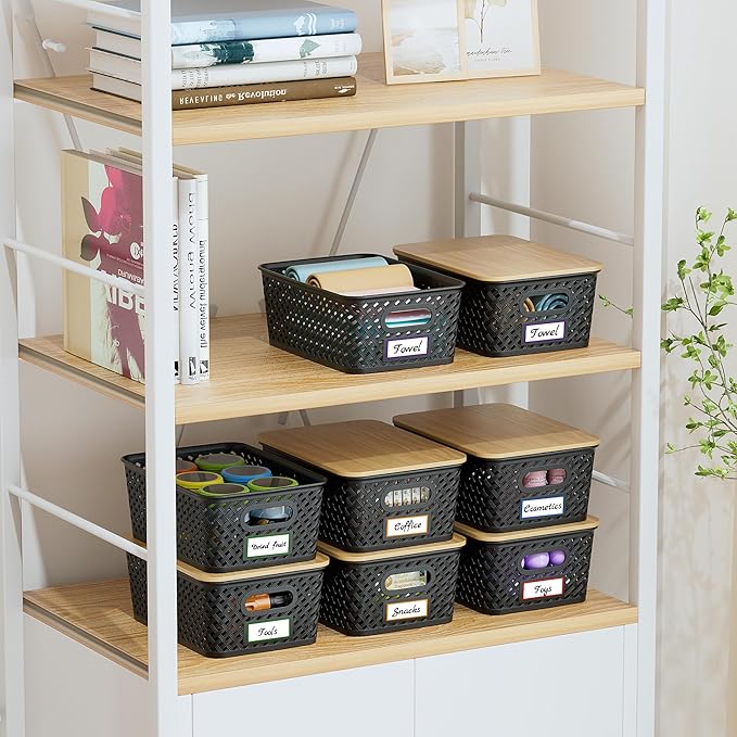 Anysig 8 Pack Plastic Storage Bins with Bamboo Lids, 5.2 QT Stackable Bins | Decorative Small Storage Basket Containers for Organizing Shelves Office Classroom Desktop Closet, Black