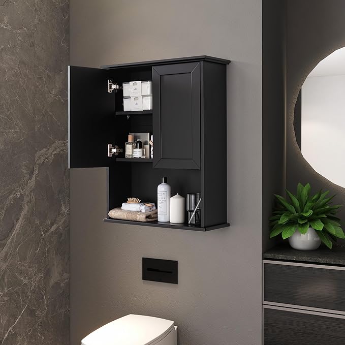 VANIRROR Bathroom Wall Mounted Wood Medicine Cabinet with Adjustable Shelf | 23"x 29" Black Over Toilet Storage Wall Hanging Cabinets for Entryway, Kitchen, Laundry Room