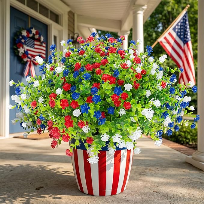 Hananona 24 Pcs Artificial Flowers Outdoor, Faux Artificial Plants UV Resistant Plastic Patriotic Flower Bulk for 4th of July Hanging Planter Porch Window Home Summer Decor (24, Red, White, Blue)