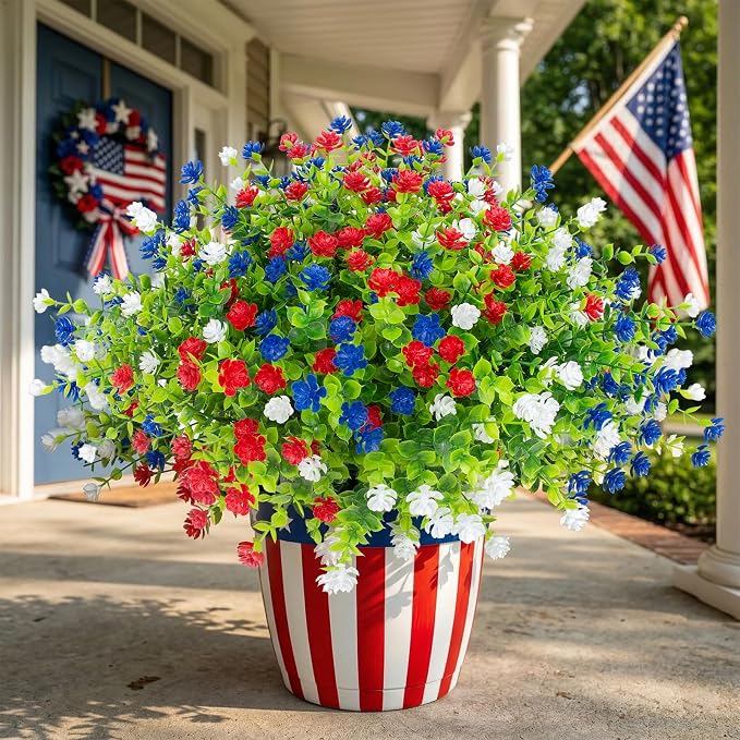 Hananona 48 Pcs Artificial Flowers Outdoor, Faux Artificial Plants UV Resistant Plastic Patriotic Flower Bulk for 4th of July Hanging Planter Porch Window Home Summer Decor (48, Red, White, Blue)