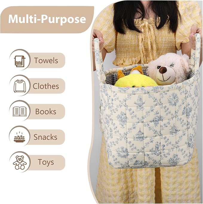 Storage Basket Boho Fabric Large Collapsible Floral Laundry Nursery Hamper Portable Folding Storage for Clothes Toys (Vine-Blue A)