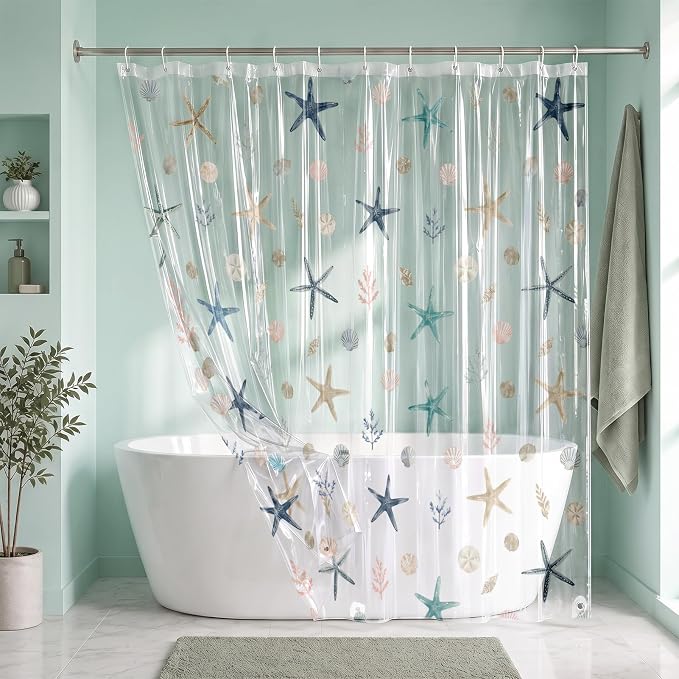 Clear Shower Curtain Liner, Starfish Seashell PEVA, 72x72 Inch | Ocean Sea Star Waterproof Bath Plastic Shower Curtains Set with 3 Weighted Magnets and 12 Hooks for Bathroom Decor