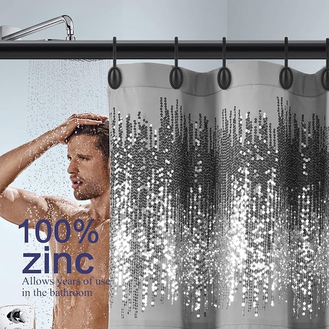 Black Shower Curtain Hooks,12Pcs Heavy Duty Rustproof Zinc | Rust Proof, Heavy Duty, Modern Decorative, Smooth Gliding, Easy to Install, For Shower Curtain and Liner