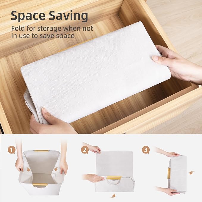 STORAGE MANIAC 2-Pack Large Laundry Hamper, 100L (26.4 Gal) Collapsible Laundry Basket with Bamboo Handles, Freestanding Waterproof Clothes Hamper for Laundry Room, Bedroom, Dorm, Towels, White