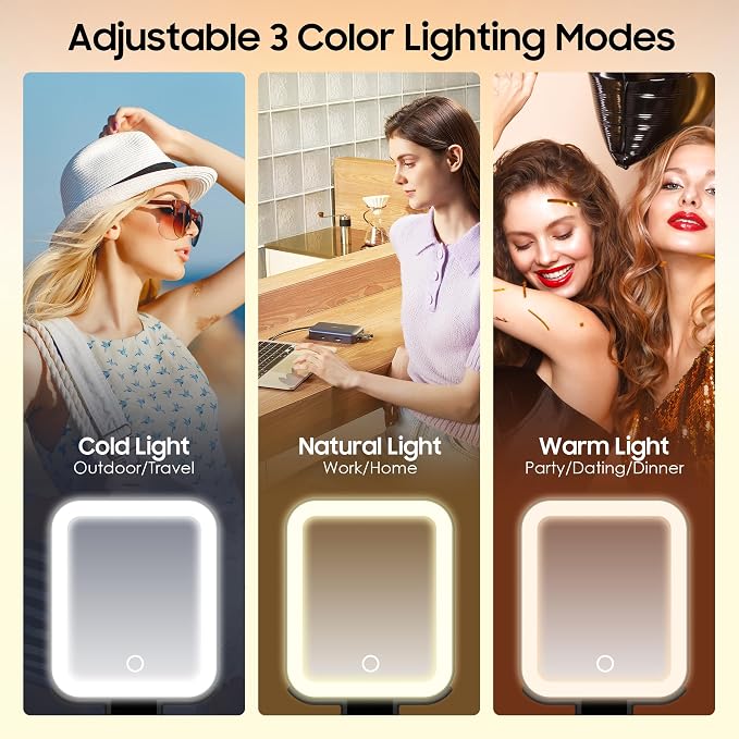 Small Travel Makeup Mirror with Lights(10" L x 5" W), Double-Sided 1X/30X Magnifying Mirror, 3 Color Lighting & Brightness Adjustable, Portable &Foldable Mirrors with Light (Black)