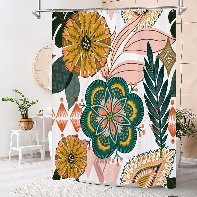 MitoVilla Small Stall Boho Shower Curtain 36 x 72, Abstract Floral Narrow Half Size Chic Shower Curtains for Elegant Bathroom Decor, Colorful Tropical Leaves Shower Curtain 36 inch
