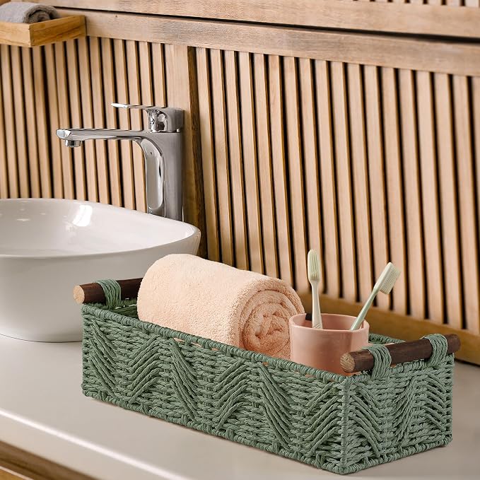 Toilet Paper Storage Basket for Bathroom Countertop Baskets for Organizing | with Handle for Bathroom Bedroom Home Decor Small Basekt for Shelves Apartment Countertop Use,Green