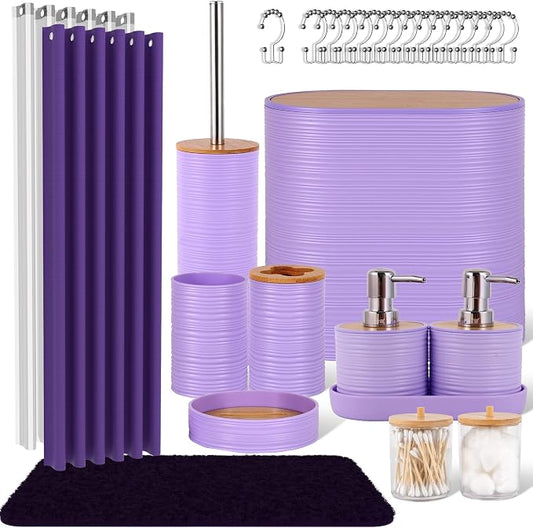25 PCS Purple Bathroom Accessories Set丨Shower Curtain Bathroom Accessory | All-in-One Kit with Shower Curtain,rug,Trash Can,Toothbrush Holder,Toilet BrushSoap Dispenser,Toothbrush Cup,etc for Home