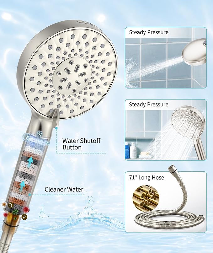 SR SUN RISE Filtered Shower Head with Handheld High Pressure 9 Spray Mode Showerhead Detachable Shower Head Water Softener Filters Beads for Hard Water Remove Chlorine 1 Filter Brushed Nickel