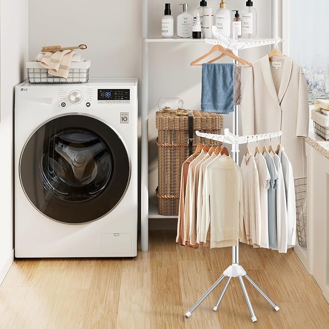 SUYU Clothes Drying Rack,Folding Clothes Drying Tree, 2 Layer with 6 Rotatable Arms,72-Inch Indoor Clothes Rack,Stainless Steel,4 Legs,White and Silver SNJ202