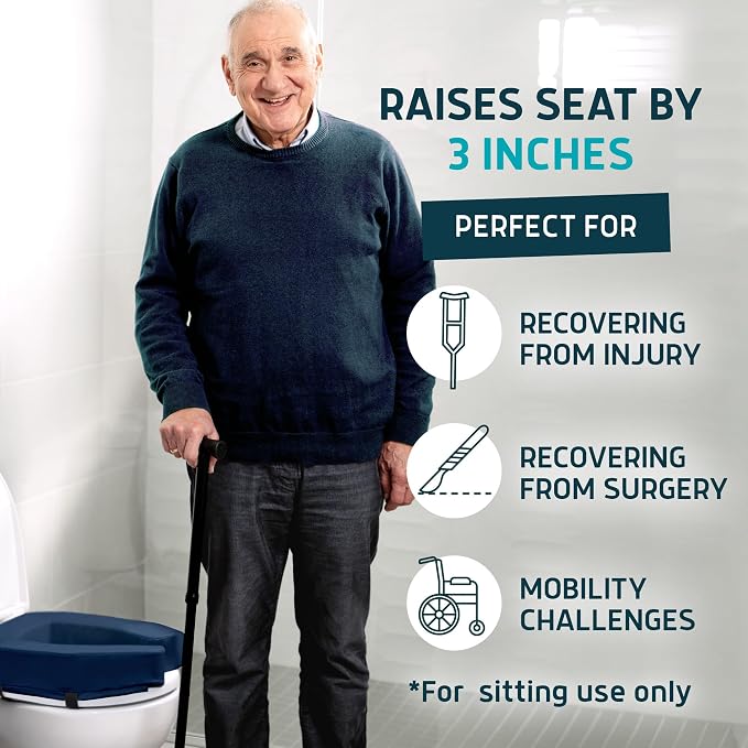 Lunderg Padded Toilet Seat Riser for Seniors - Adds 3 Inches. Universal Fit | FIRM Raised Toilet Seat Cushion with High-Density Foam for Enhanced Comfort & Elevation. Post-Surgery Must Have (Blue)