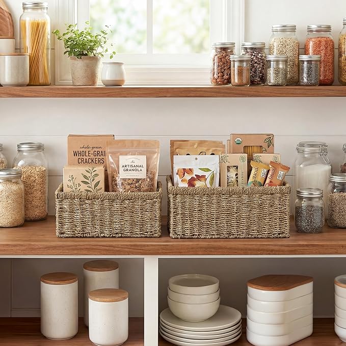 StorageWorks Wicker Storage Baskets,Natural Seagrass Storage Baskets,2-Pack | Seagrass Baskets for Storage, Seagrass Woven Storage Baskets with Built-i Handles, Decorative Woven Baskets for Storage